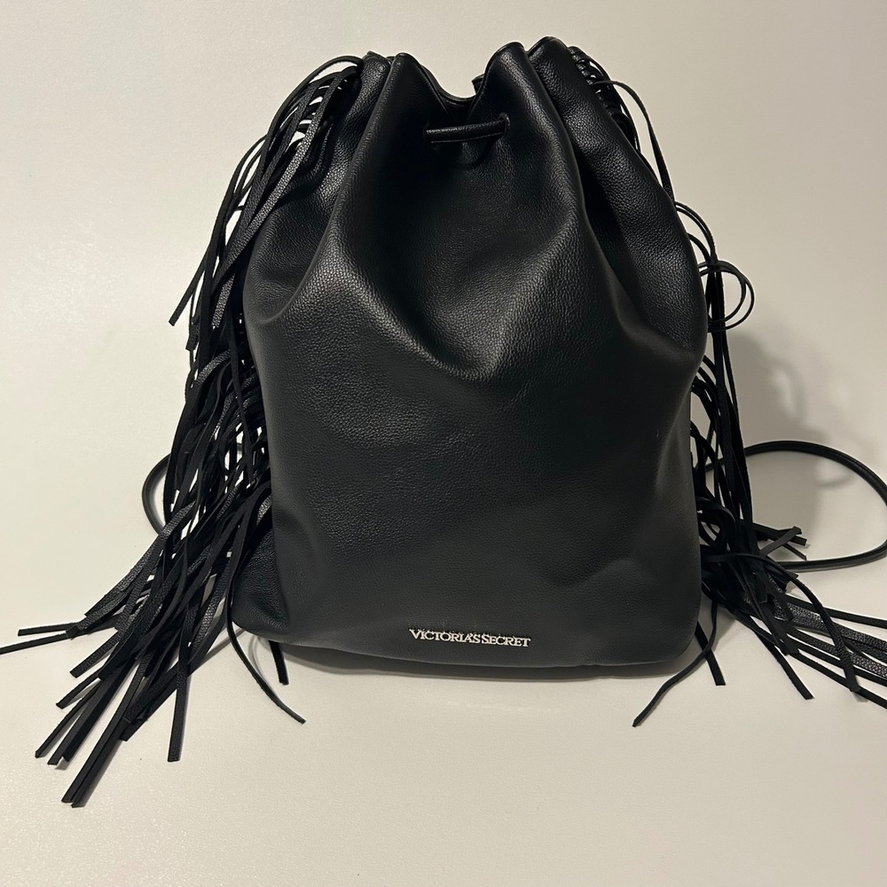 Victorias Secret Purse Black Fringe Backpack Cinch‎ Bag Festival Western Biker